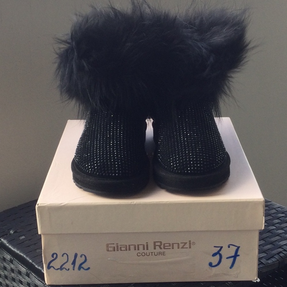 GIANNI RENZI COUTURE Black Suede And Real Fur Ankle Boots Size 7.